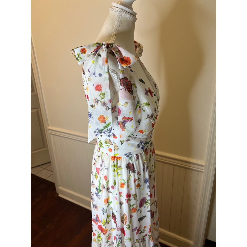 Mac Duggal Floral Butterfly Print Tiered Maxi Dress White V-Neck Tie Shoulder 4 - Picture 16 of 16